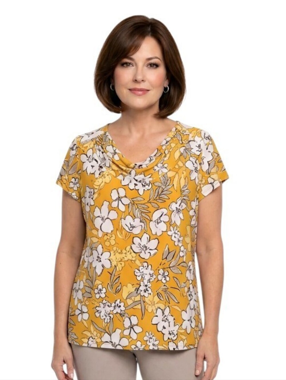 Kasper Mustard Floral Cap-Sleeve Cowl Neck Blouse Size XL